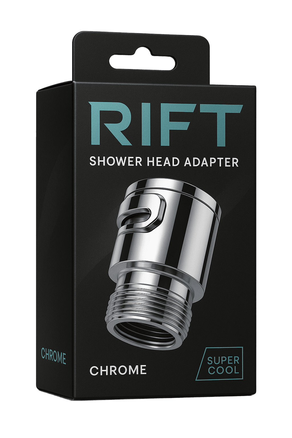 Rift Shower Head Adapter retail box in Chrome, showing the polished chrome quick-connect adapter on dark branded packaging